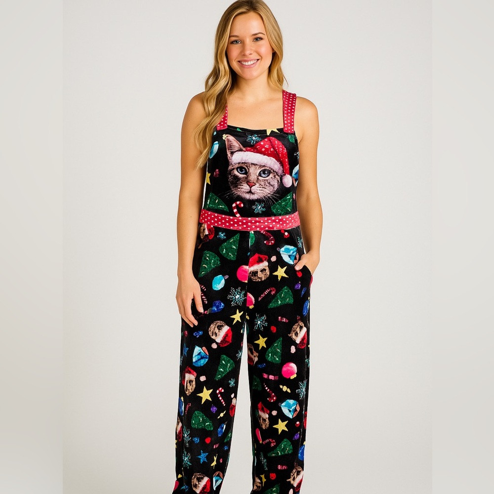 Celebrate Together Christmas Cat Bib Overalls Tacky‎ Holiday Velour Jumpsuit XS